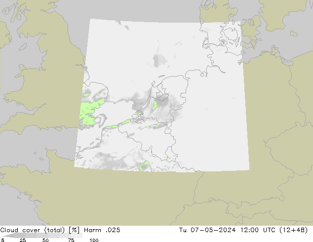 Cloud cover (total) Harm .025 Út 07.05.2024 12 UTC