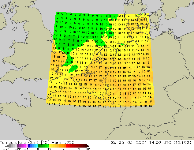 Temperaturkarte (2m) Harm .025 So 05.05.2024 14 UTC