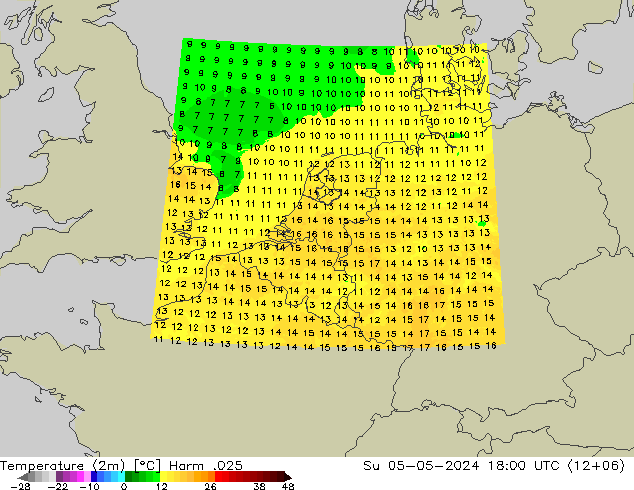 Temperatura (2m) Harm .025 dom 05.05.2024 18 UTC