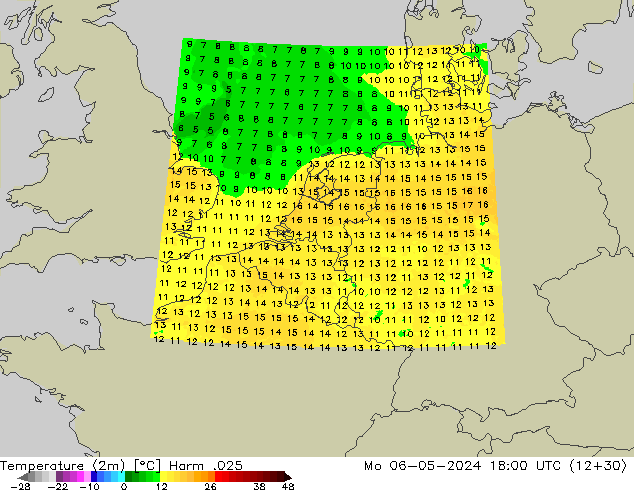 mapa temperatury (2m) Harm .025 pon. 06.05.2024 18 UTC