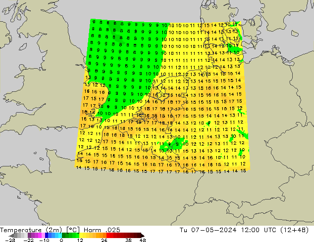 Temperature (2m) Harm .025 Tu 07.05.2024 12 UTC