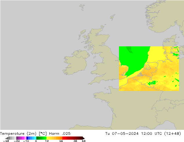 Temperatuurkaart (2m) Harm .025 di 07.05.2024 12 UTC