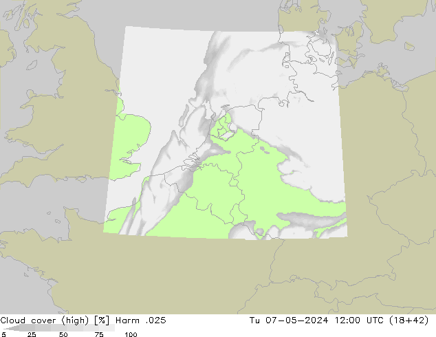 Cloud cover (high) Harm .025 Tu 07.05.2024 12 UTC