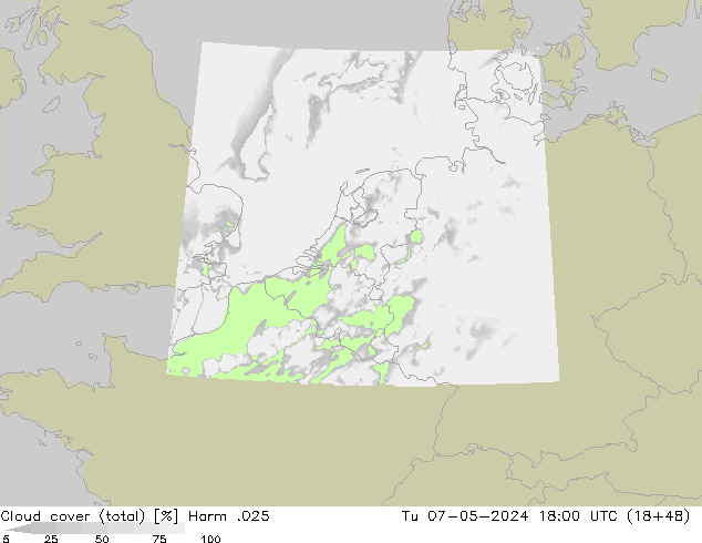 Cloud cover (total) Harm .025 Út 07.05.2024 18 UTC