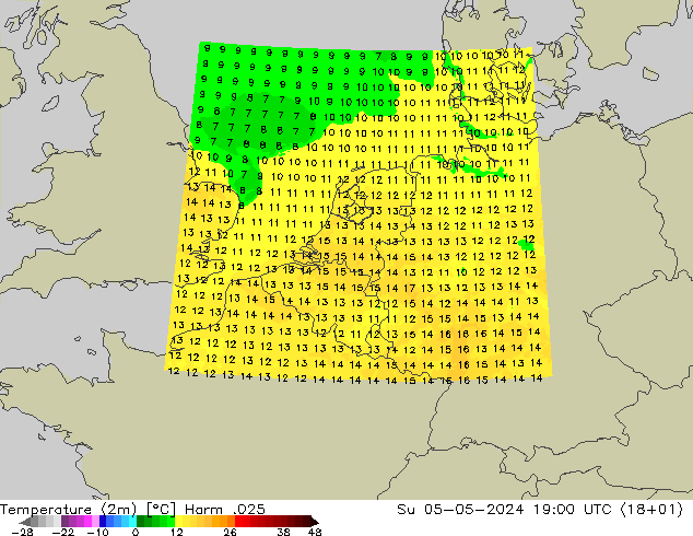 Temperature (2m) Harm .025 Su 05.05.2024 19 UTC