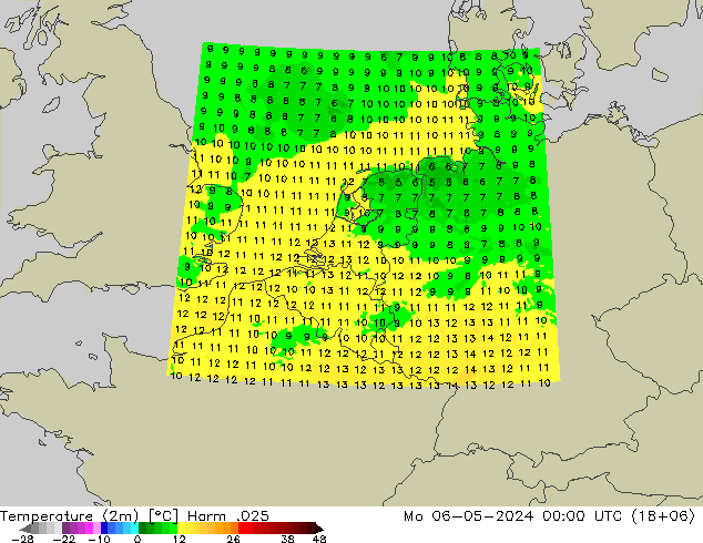 mapa temperatury (2m) Harm .025 pon. 06.05.2024 00 UTC