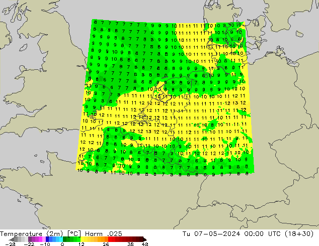 Temperaturkarte (2m) Harm .025 Di 07.05.2024 00 UTC