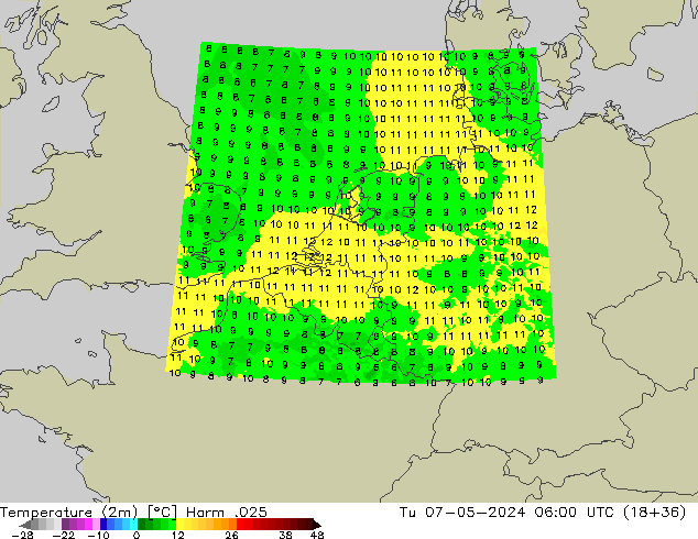 Temperatura (2m) Harm .025 Ter 07.05.2024 06 UTC