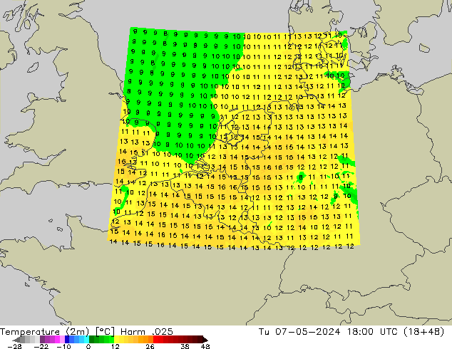 Temperature (2m) Harm .025 Út 07.05.2024 18 UTC