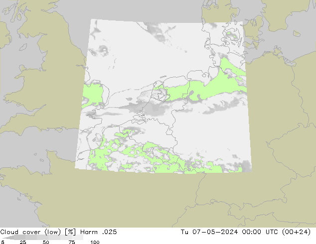 Cloud cover (low) Harm .025 Tu 07.05.2024 00 UTC