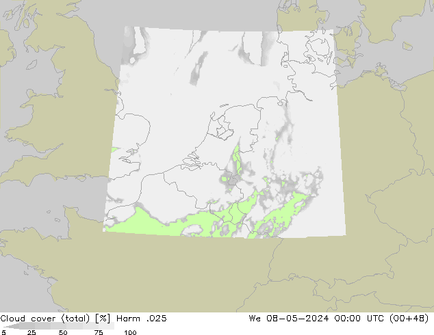 Cloud cover (total) Harm .025 We 08.05.2024 00 UTC