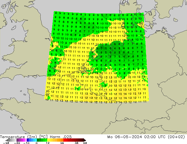 Temperaturkarte (2m) Harm .025 Mo 06.05.2024 02 UTC