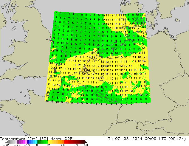 Temperaturkarte (2m) Harm .025 Di 07.05.2024 00 UTC