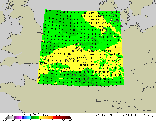 Temperature (2m) Harm .025 Tu 07.05.2024 03 UTC