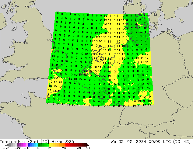 Temperatura (2m) Harm .025 mer 08.05.2024 00 UTC