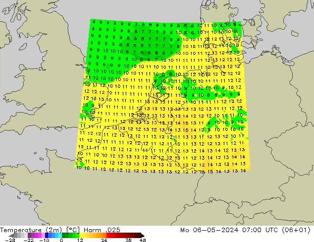 Temperaturkarte (2m) Harm .025 Mo 06.05.2024 07 UTC