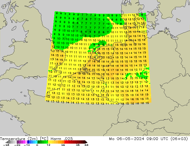 Temperaturkarte (2m) Harm .025 Mo 06.05.2024 09 UTC