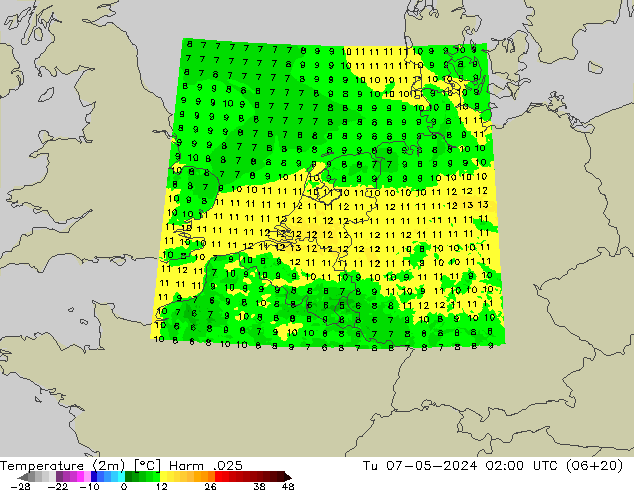 Temperaturkarte (2m) Harm .025 Di 07.05.2024 02 UTC
