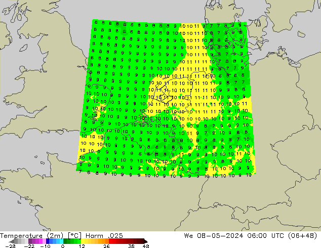 Temperaturkarte (2m) Harm .025 Mi 08.05.2024 06 UTC
