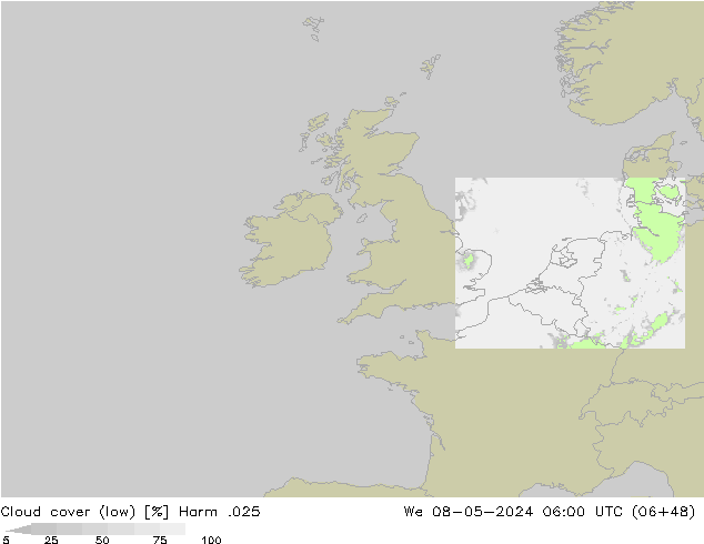 Cloud cover (low) Harm .025 We 08.05.2024 06 UTC