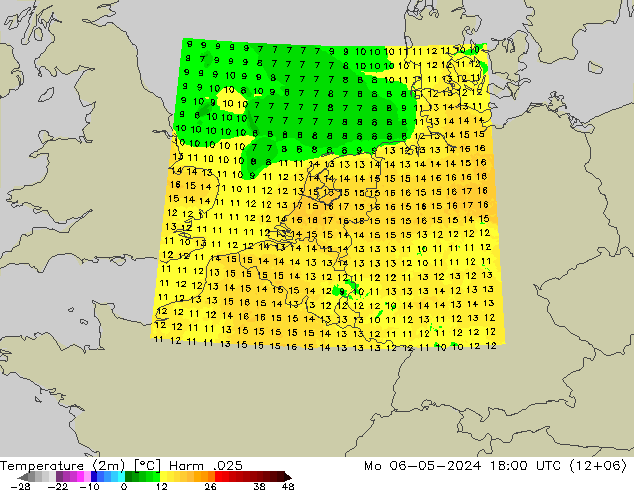 Temperaturkarte (2m) Harm .025 Mo 06.05.2024 18 UTC