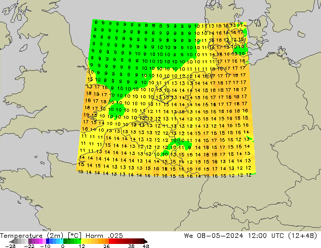 Temperaturkarte (2m) Harm .025 Mi 08.05.2024 12 UTC