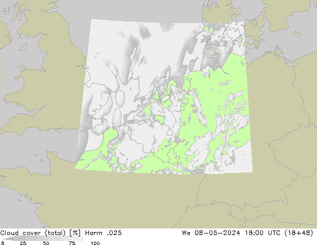 Cloud cover (total) Harm .025 We 08.05.2024 18 UTC