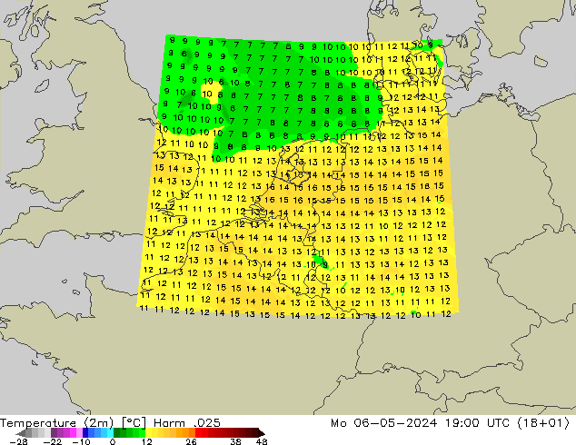 Temperaturkarte (2m) Harm .025 Mo 06.05.2024 19 UTC