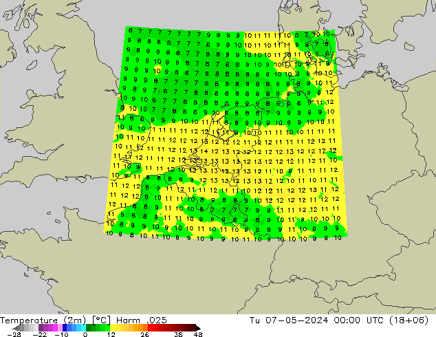 Temperaturkarte (2m) Harm .025 Di 07.05.2024 00 UTC