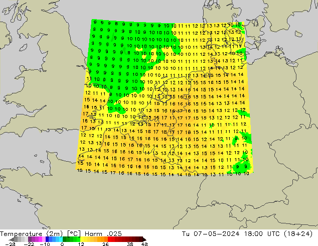 Temperaturkarte (2m) Harm .025 Di 07.05.2024 18 UTC