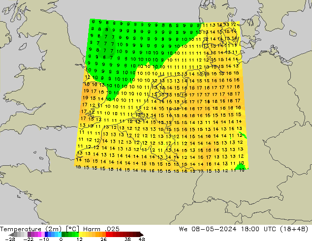 Temperature (2m) Harm .025 St 08.05.2024 18 UTC