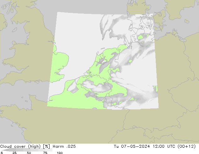 Cloud cover (high) Harm .025 Tu 07.05.2024 12 UTC