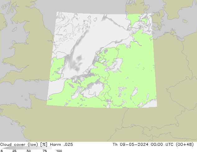 Cloud cover (low) Harm .025 Th 09.05.2024 00 UTC