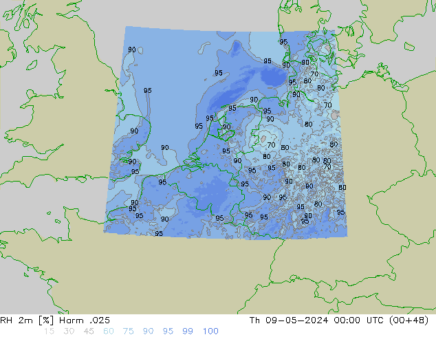 Humidité rel. 2m Harm .025 jeu 09.05.2024 00 UTC