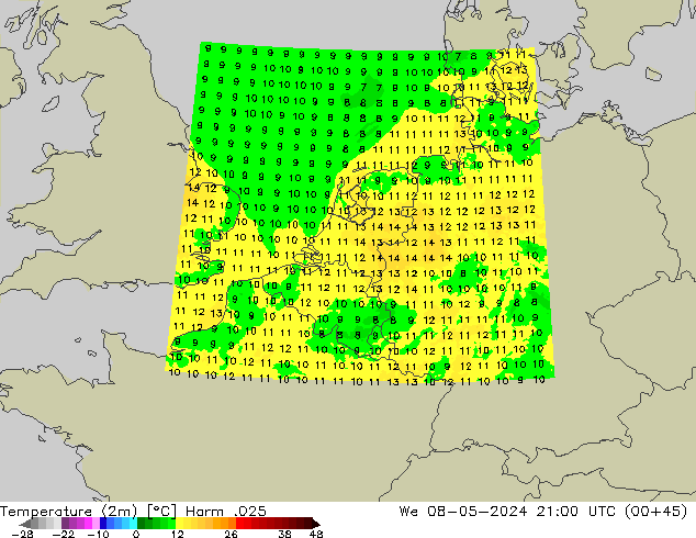 Temperatuurkaart (2m) Harm .025 wo 08.05.2024 21 UTC