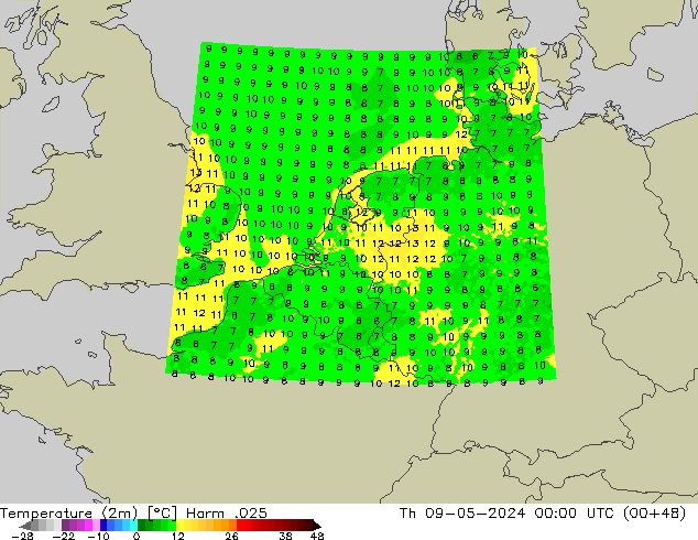 Temperatuurkaart (2m) Harm .025 do 09.05.2024 00 UTC