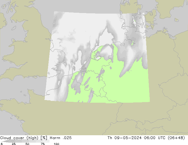 Cloud cover (high) Harm .025 Th 09.05.2024 06 UTC