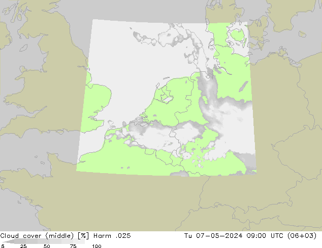 Cloud cover (middle) Harm .025 Tu 07.05.2024 09 UTC