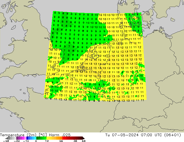 Temperaturkarte (2m) Harm .025 Di 07.05.2024 07 UTC