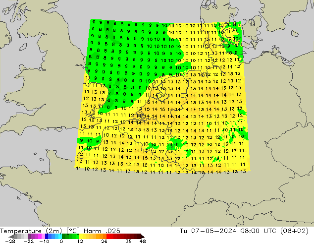 Temperaturkarte (2m) Harm .025 Di 07.05.2024 08 UTC