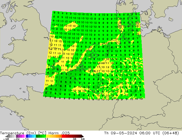 Temperatuurkaart (2m) Harm .025 do 09.05.2024 06 UTC