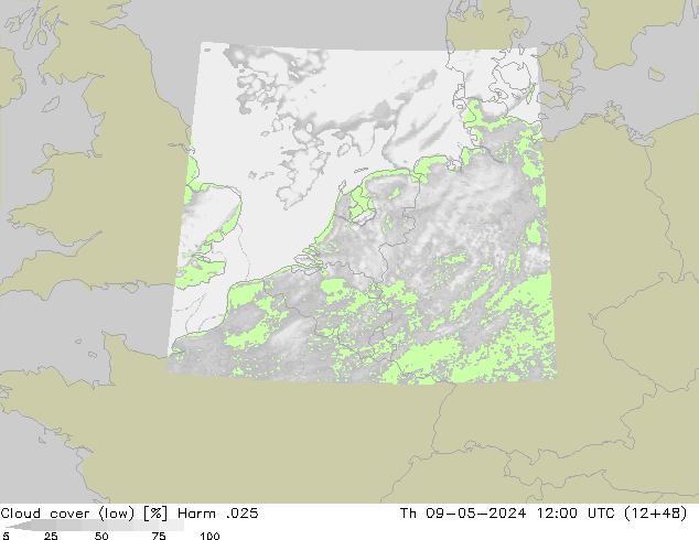 Cloud cover (low) Harm .025 Th 09.05.2024 12 UTC