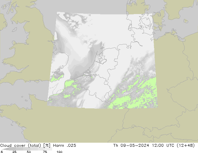 Cloud cover (total) Harm .025 Čt 09.05.2024 12 UTC