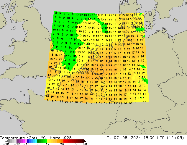 Temperaturkarte (2m) Harm .025 Di 07.05.2024 15 UTC