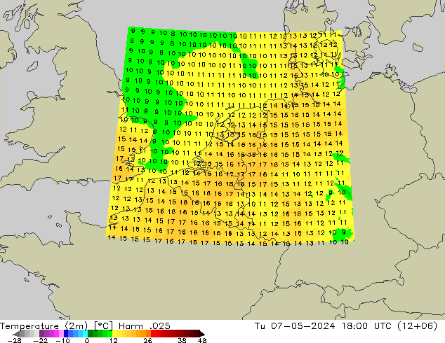 Temperature (2m) Harm .025 Tu 07.05.2024 18 UTC