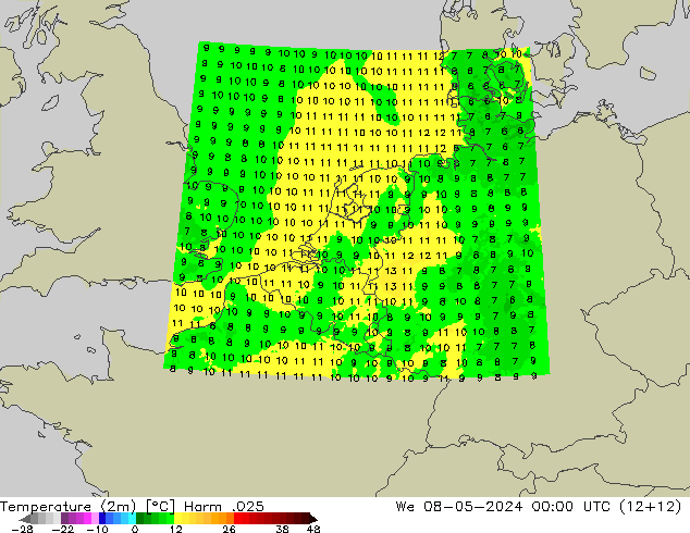 Temperaturkarte (2m) Harm .025 Mi 08.05.2024 00 UTC