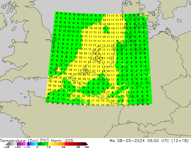 Temperatuurkaart (2m) Harm .025 wo 08.05.2024 06 UTC