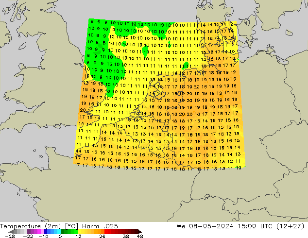 Temperaturkarte (2m) Harm .025 Mi 08.05.2024 15 UTC