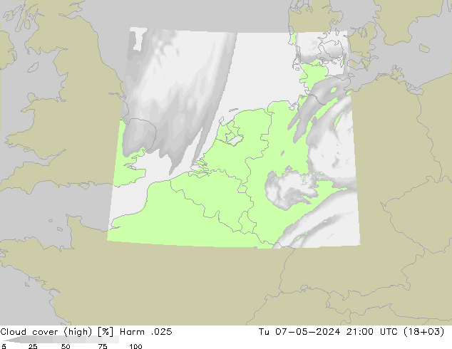 Cloud cover (high) Harm .025 Tu 07.05.2024 21 UTC