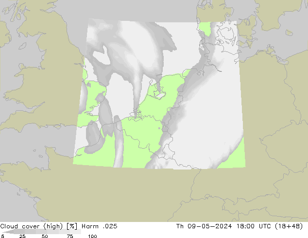 Cloud cover (high) Harm .025 Th 09.05.2024 18 UTC